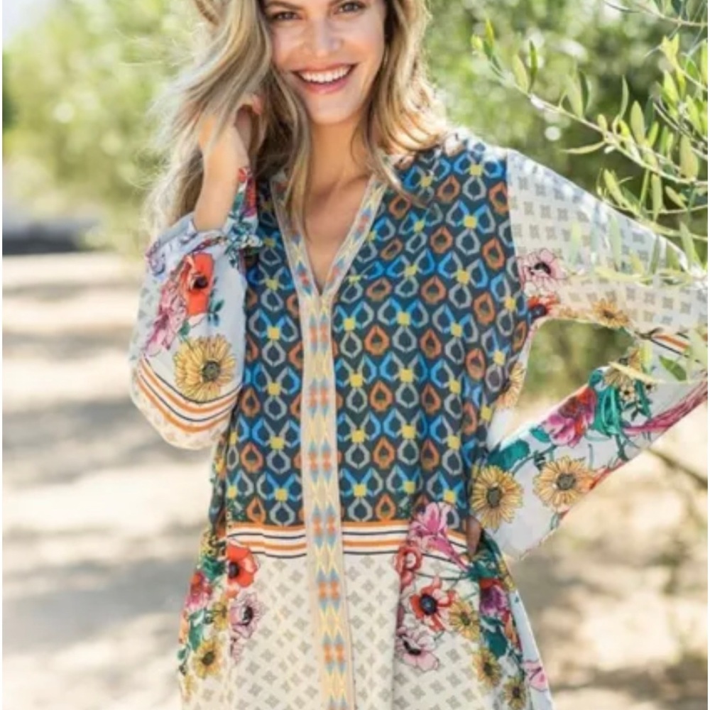 NWT Johnny Was Becca V neck embroidered blouse tunic floral scarf print top XL